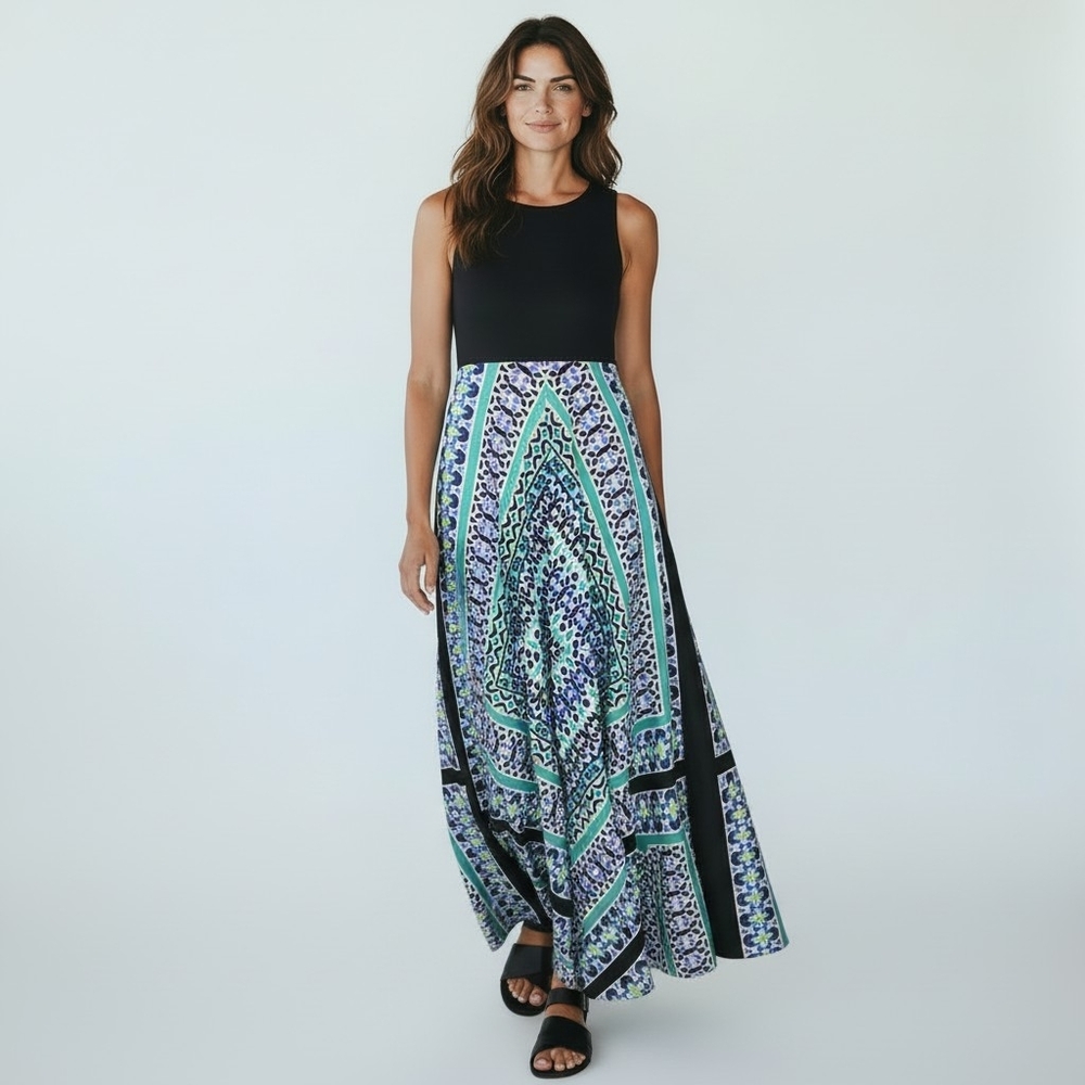 Eliza J Sleeveless Scarf Print Back Key-hole Combo Maxi Dress Size Petite 10